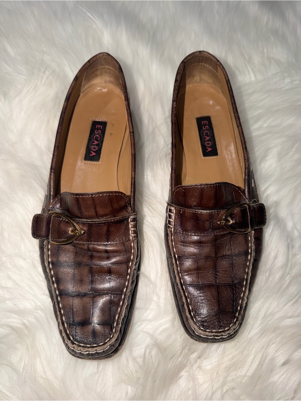 Escada Vintage Women’s Brown Leather Loafers - Classic Croc-Embossed Size 39